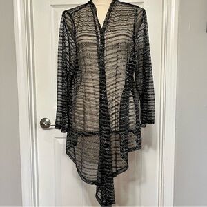 Chicos Travelers Black & Silver Size 3 3/4 Sleeve Sheer Shrug/Cardigan